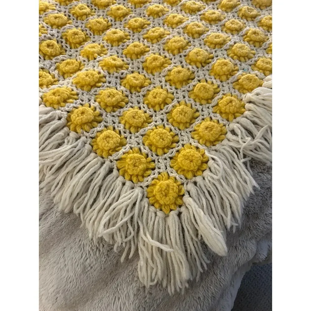 Vintage Handmade Crochet Bobble Flower Afghan Throw Yellow White Fringe 58x49
